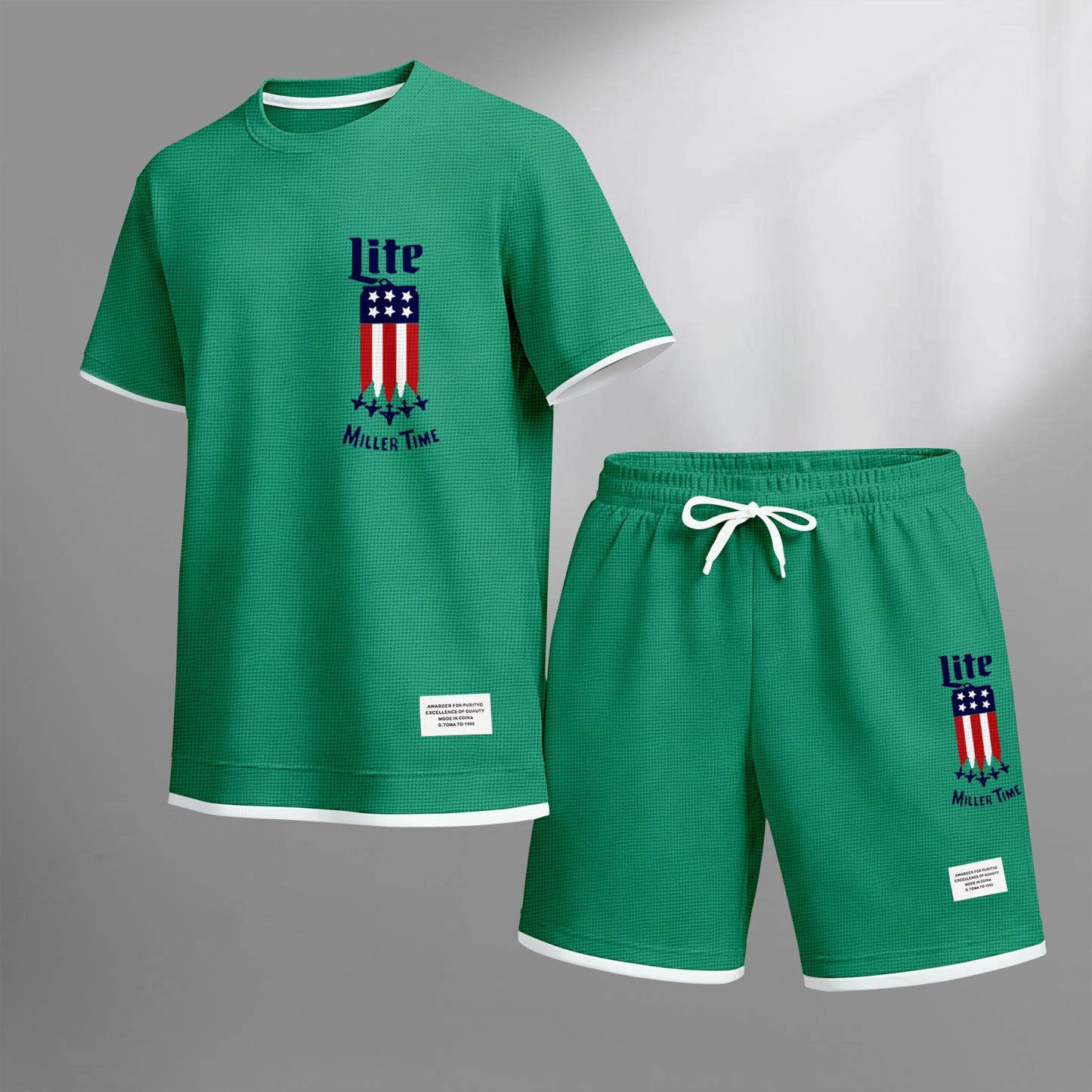 Men's Beer And Beverage Printed Drawstring Shorts Set, Suitable For Spring And Summer Wear, Casual Summer Set, Including Short-Sleeved Shirt And Shorts, Suitable For Everyday Wear And Sports 012