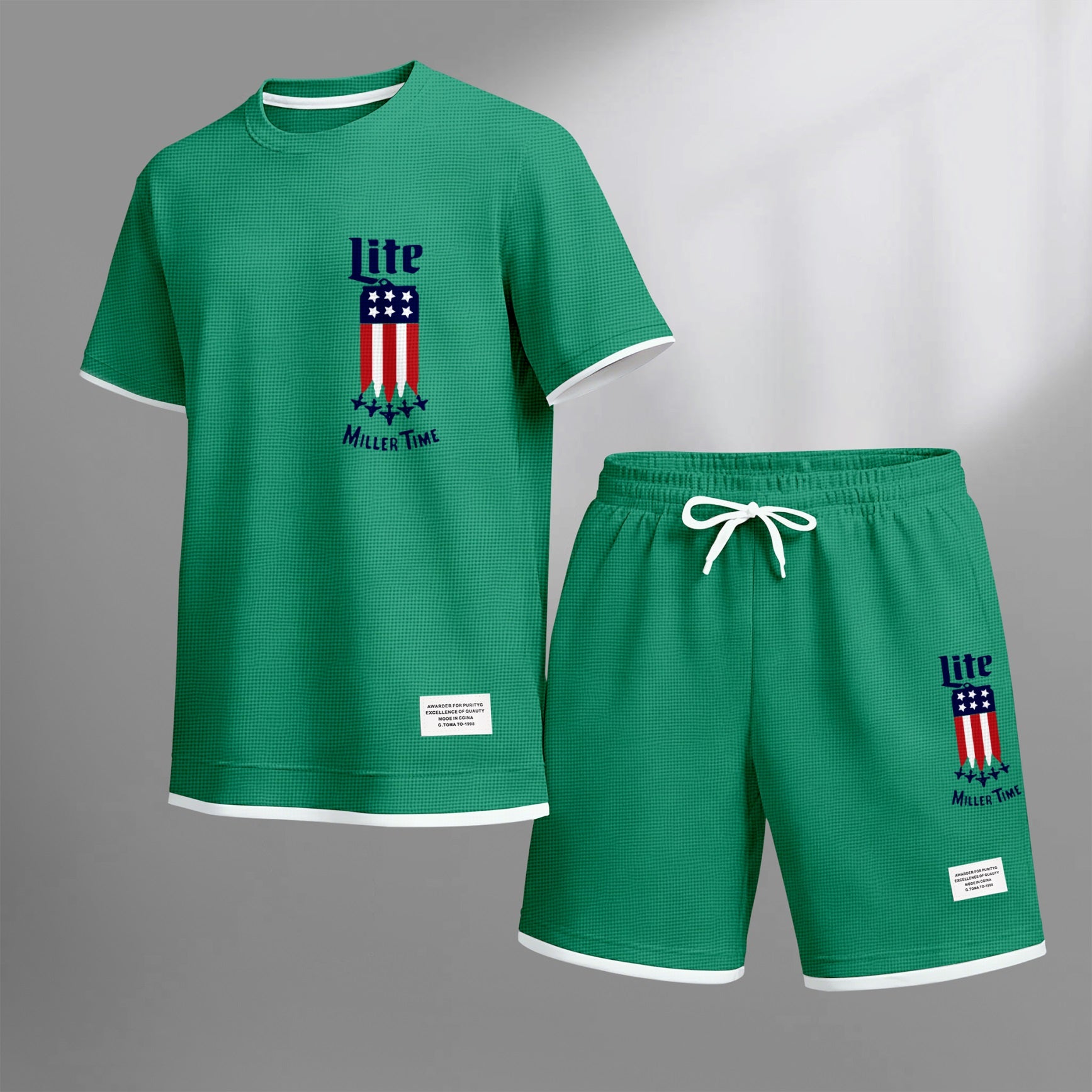 Men's Beer And Beverage Printed Drawstring Shorts Set, Suitable For Spring And Summer Wear, Casual Summer Set, Including Short-Sleeved Shirt And Shorts, Suitable For Everyday Wear And Sports 012