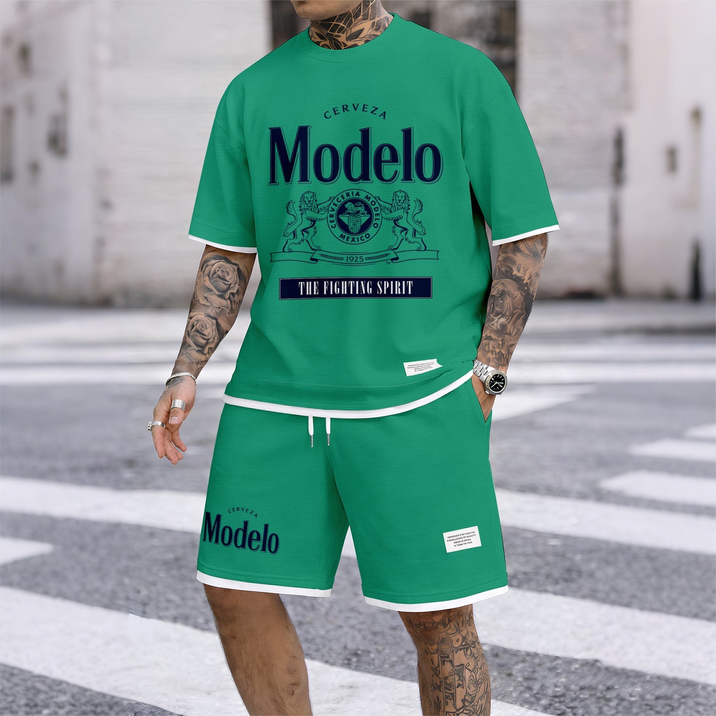 Men's Beer Print Drawstring Shorts Set, Suitable For Spring And Summer Wear, Casual Summer Set, Including Short-Sleeved Shirt And Shorts, Suitable For Everyday Wear And Sports 02