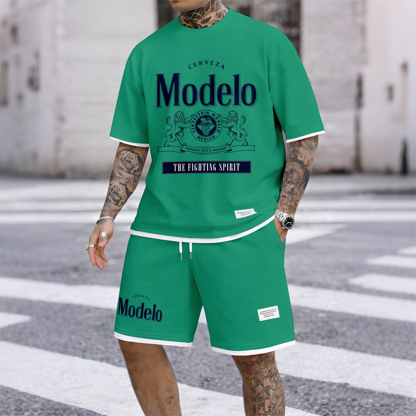 Men's Beer Print Drawstring Shorts Set, Suitable For Spring And Summer Wear, Casual Summer Set, Including Short-Sleeved Shirt And Shorts, Suitable For Everyday Wear And Sports 02