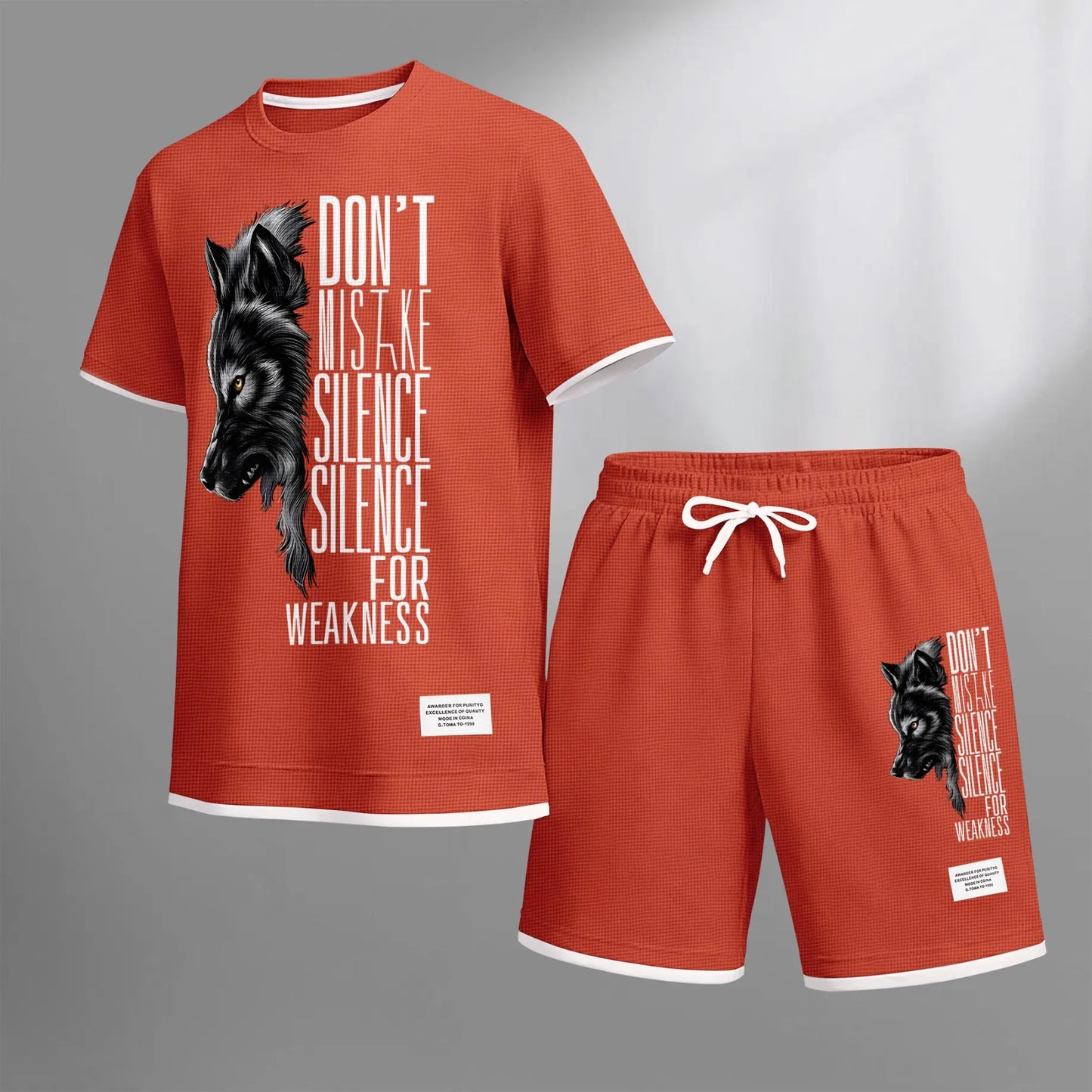 Men's Howling Wolf & "Don't Mistake Silence For Weakness" Quote Graphic Print Waffle Short Sleeve T-Shirt & Shorts Set, Summer Lightweight Casual Sporty Two-Piece Outfit