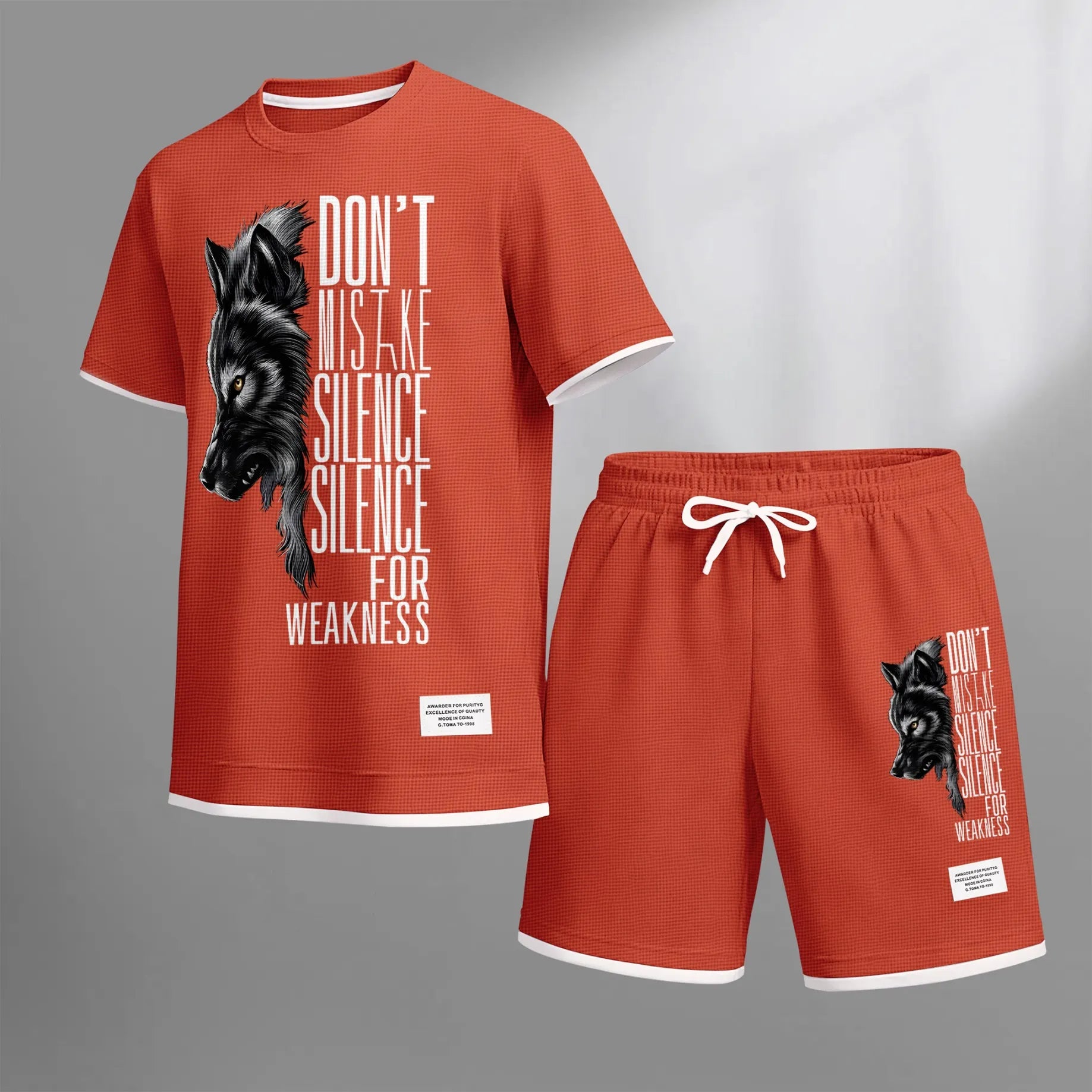 Men's Howling Wolf & "Don't Mistake Silence For Weakness" Quote Graphic Print Waffle Short Sleeve T-Shirt & Shorts Set, Summer Lightweight Casual Sporty Two-Piece Outfit