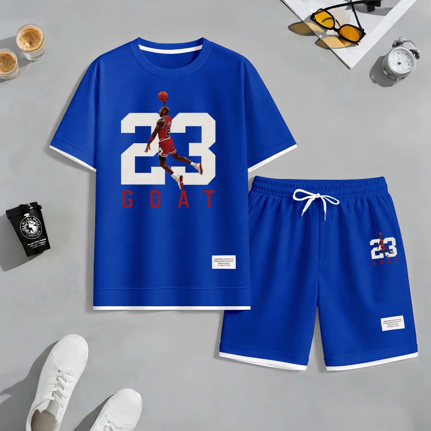 Men's Basketball 23 Print Drawstring Shorts Set For Spring/Summer. A Casual Summer Outfit, Including A Short-Sleeved Shirt And Shorts, Suitable For Everyday Wear And Sports. A Two-Piece Set For A Relaxed And Energetic Lifestyle.