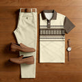 Men's Casual Light Yellow & Brown Color Matching Ethnic Style Printed Short Sleeved Polo Shirt & Trousers Two-Piece Set