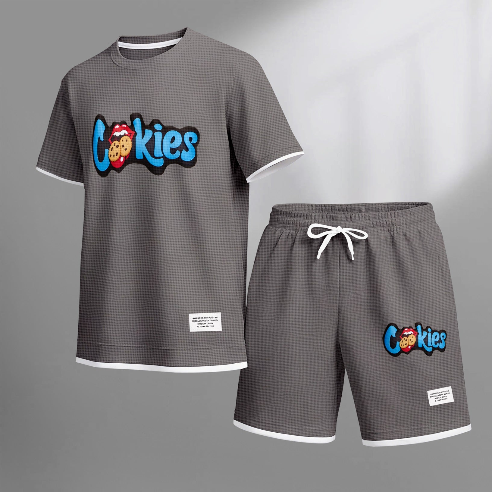 Men's cookie print drawstring shorts set is an ideal choice for spring and summer. This casual summer set includes a short-sleeved shirt and a pair of shorts, suitable for everyday wear and sports