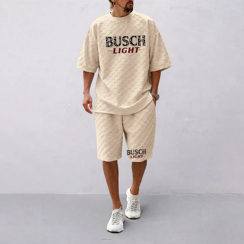 Men's Spring And Summer Classic Beer Print With Red And Black Line Checkered Fabric Drawstring Shorts Set, Casual Summer Outfit With Short-Sleeved Shirt And Shorts, Ideal For Everyday Wear And Sports Activities