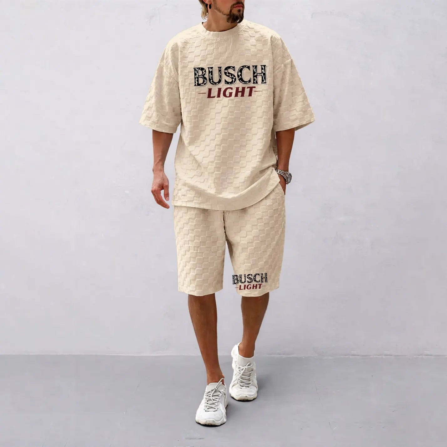 Men's Spring And Summer Classic Beer Print With Red And Black Line Checkered Fabric Drawstring Shorts Set, Casual Summer Outfit With Short-Sleeved Shirt And Shorts, Ideal For Everyday Wear And Sports Activities