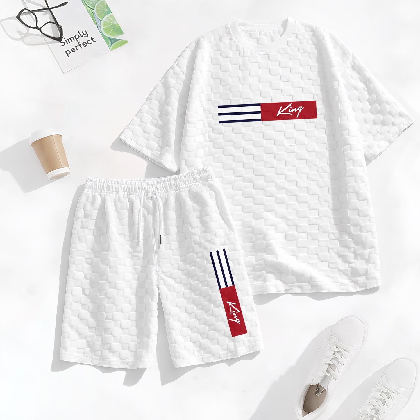 Men's Spring and Summer 'King' Letter Print Checkered Fabric Drawstring Shorts Set, Casual Summer Outfit with Short-Sleeved Shirt and Shorts, Ideal for Everyday Wear and Sports Activities