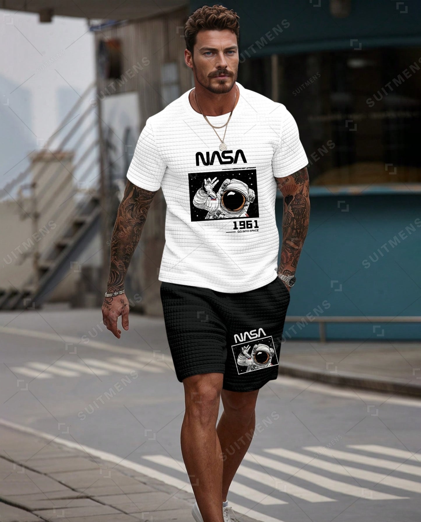 Men's Casual Waffle Textured Summer Round Neck Short Sleeve Shorts Set 0024