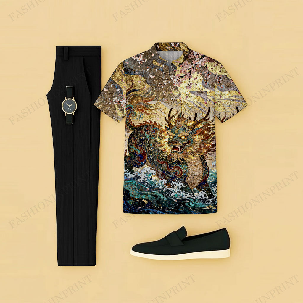 Men's Casual Dragon Printed Short-Sleeve T-Shirt And Pants Two-Piece Set