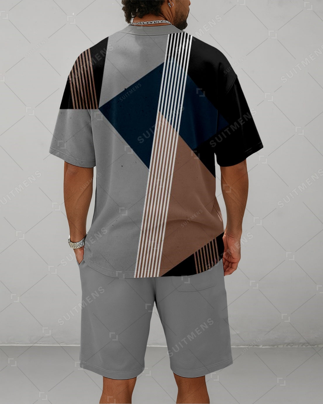 Men's Summer Colorblock Printed Round Neck Suit 084
