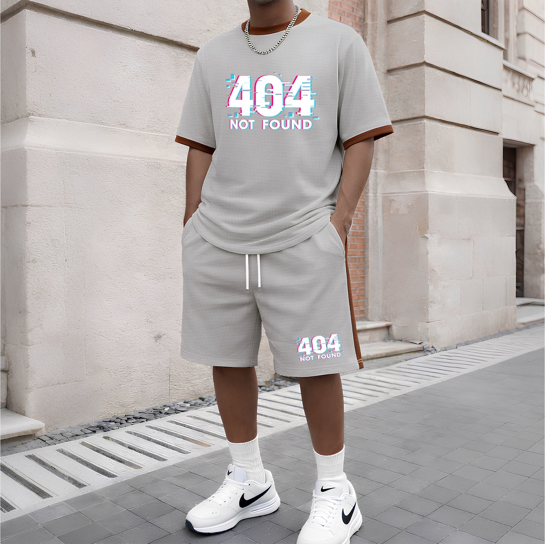 Men's 404 Pattern Short-Sleeve T-Shirt and Drawstring Shorts Set, Men's Clothing, Casual Sportswear Short-Sleeve Top and Shorts, Summer Men's Everyday Wear, Indoor and Outdoor Sportswear, Sports Set