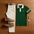 Men's Casual Green & Beige Color Matching Printed Short Sleeved Polo Shirt & Trousers Two-Piece Set