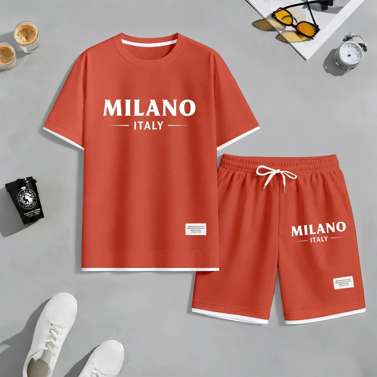 Men's Milan print drawstring shorts set for spring/summer, a casual summer outfit including a short-sleeved shirt and shorts, suitable for everyday wear and sports. A two-piece set for a relaxed and energetic lifestyle.