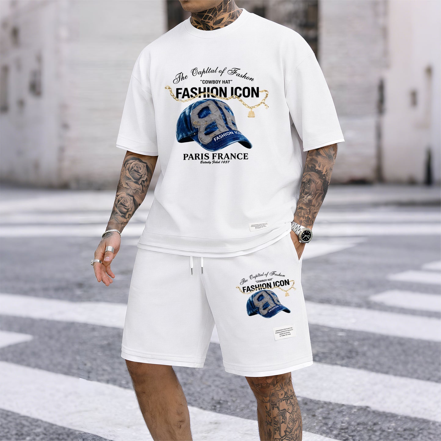 Men's Retro Cool Letter Print Short Sleeve T-Shirt & Shorts Set, Summer Lightweight Waffle Sporty Casual Two-Piece Outfit, Streetwear for Gym & Daily Wear