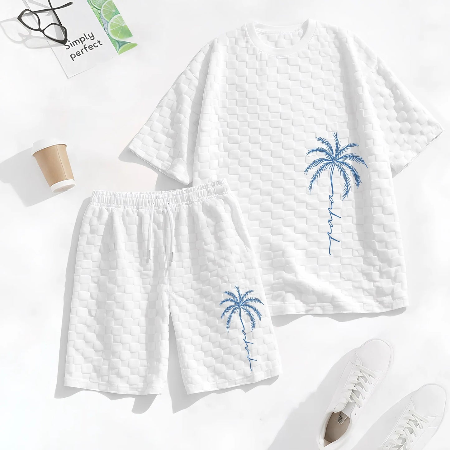 Men's Spring and Summer Palm Tree Print Checkered Fabric Drawstring Shorts Set, Casual Summer Outfit with Short-Sleeved Shirt and Shorts, Ideal for Everyday Wear and Sports Activities.
