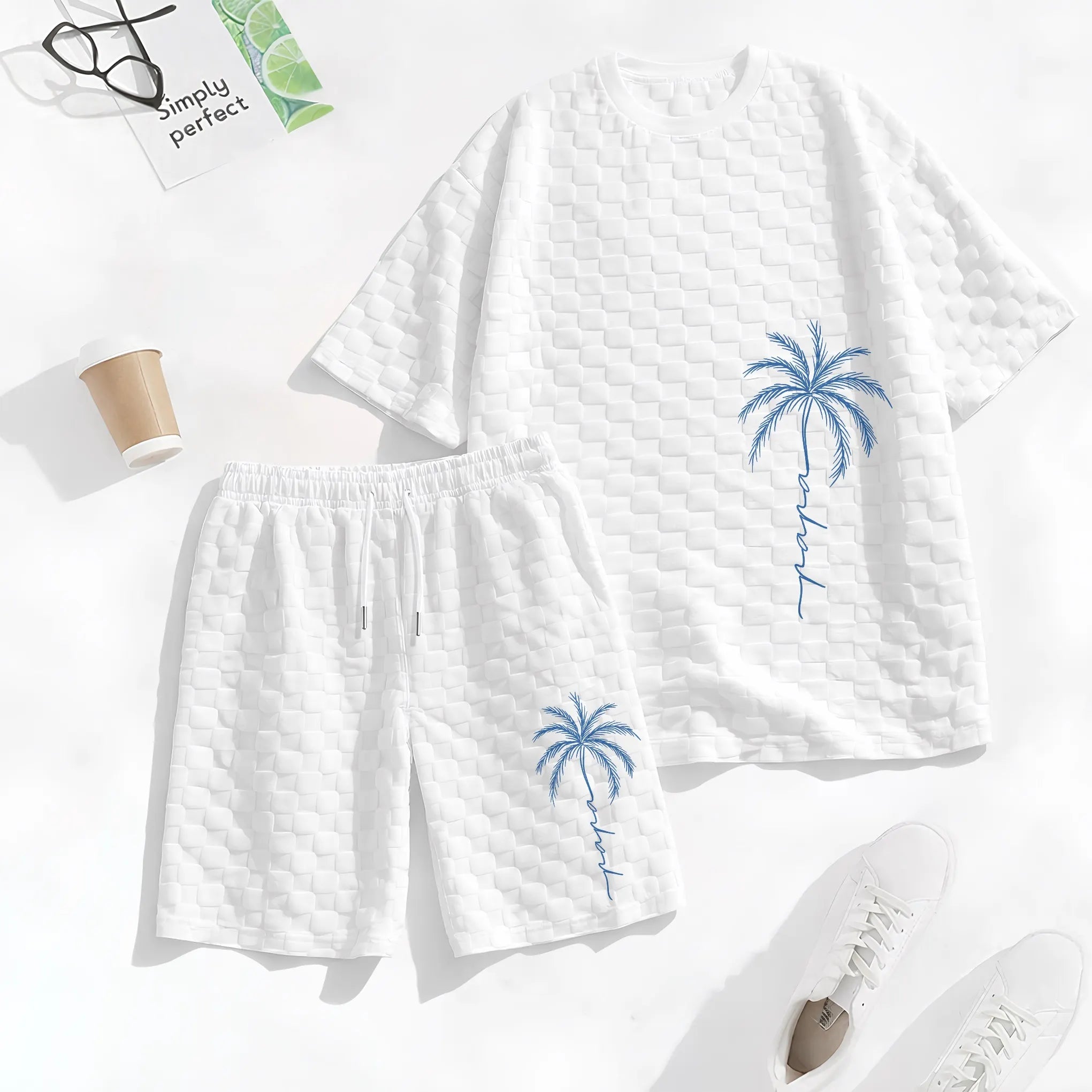 Men's Spring and Summer Palm Tree Print Checkered Fabric Drawstring Shorts Set, Casual Summer Outfit with Short-Sleeved Shirt and Shorts, Ideal for Everyday Wear and Sports Activities.