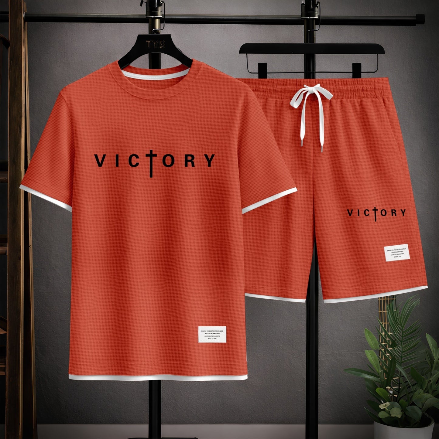 Men's “Victory” Graphic Print Short Sleeve Shirt and Drawstring Shorts Set, Casual Summer Two-Piece Outfit, Lightweight Breathable Relaxed Fit Athletic Set for Daily Wear, Beach, Vacation, Travel & Loungewear