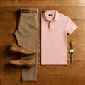 Men's Casual Brown & Pink Solid Color Matching Short Sleeved Polo Shirt & Trousers Two-Piece Set