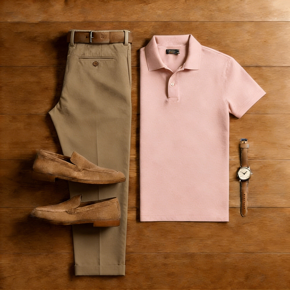 Men's Casual Brown & Pink Solid Color Matching Short Sleeved Polo Shirt & Trousers Two-Piece Set