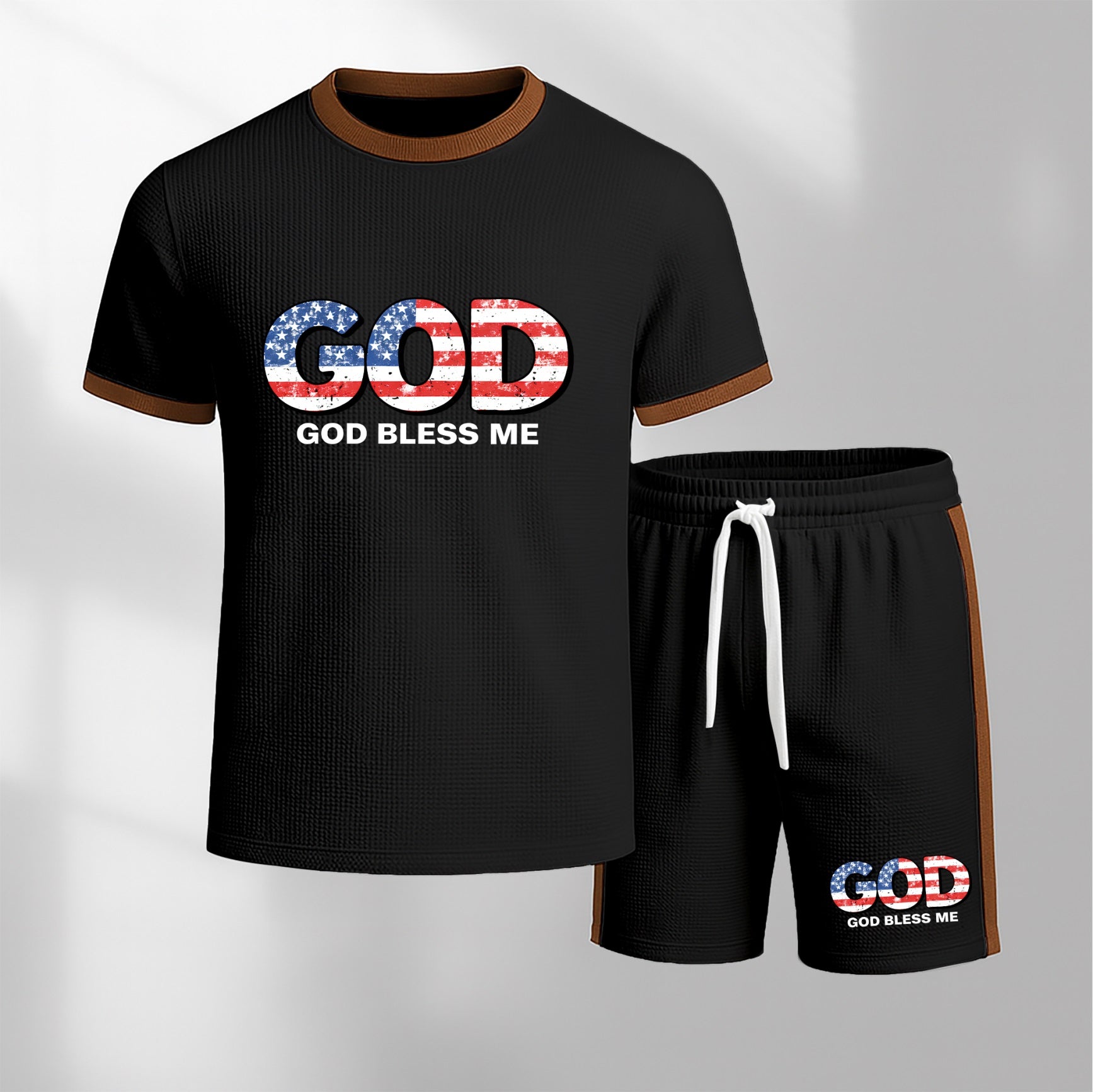 Men's God Graphic Short-Sleeved T-Shirt And Drawstring Shorts Set, Men's Clothing, Casual Sports Short-Sleeved Top And Shorts, Men's Summer Everyday Wear, Indoor And Outdoor Sportswear, Sports Set.