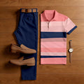 Men's Casual Pink & Black Stripes Printed Polo Shirt And Pants Two-Piece Set