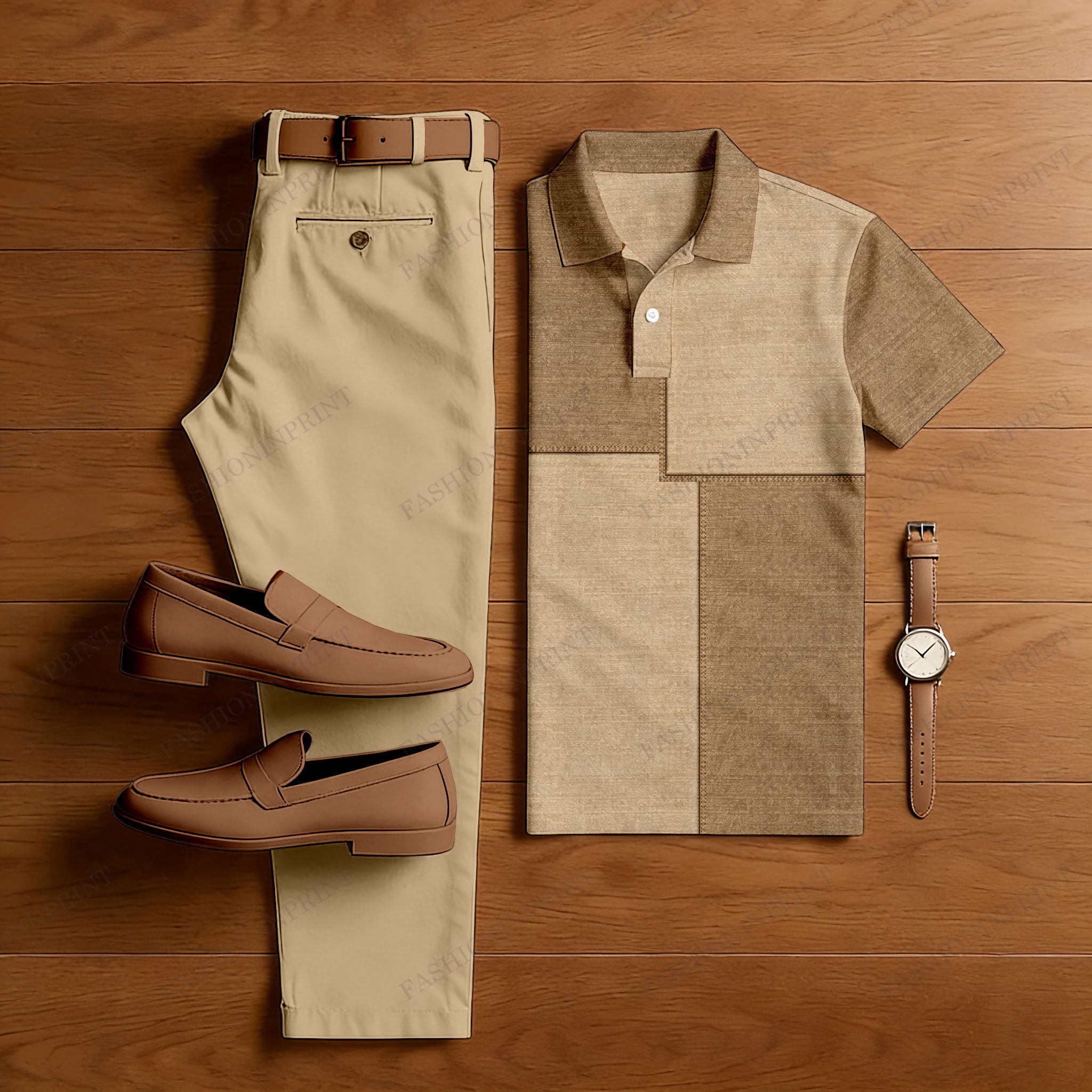 Men's Casual Khaki Geometry Printed Polo Shirt And Pants Two-Piece Set