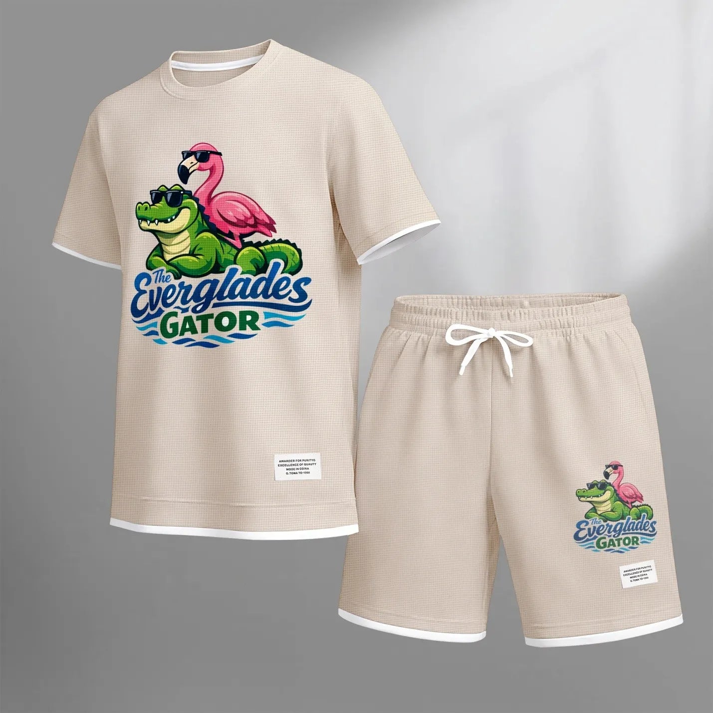 Men's Amusing Animals print drawstring shorts set for spring/summer, a casual summer outfit including a short-sleeved shirt and shorts, suitable for everyday wear and sports. A two-piece set for a relaxed and energetic lifestyle.