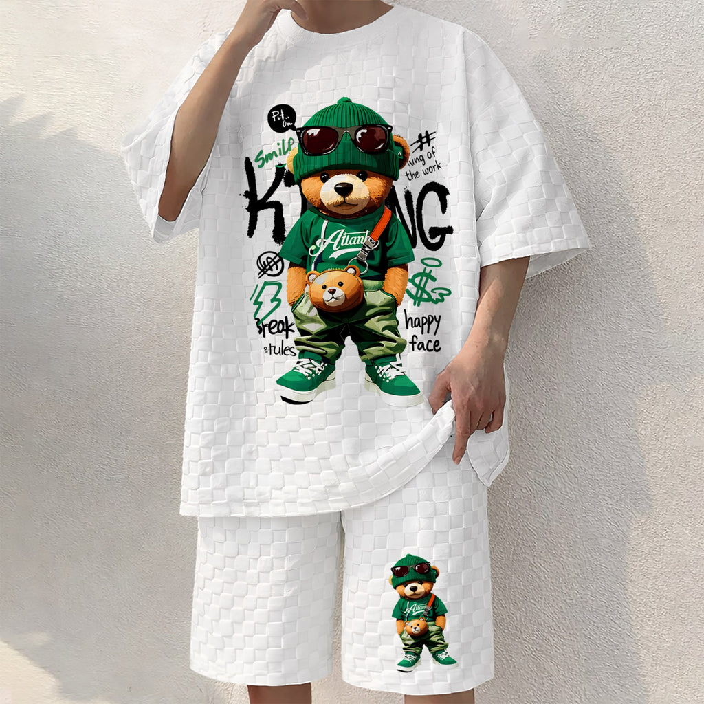 Men's Bear Graphic Print Spring And Summer Drawstring Shorts Set, A Casual Summer Outfit, Including A Short-Sleeved Shirt And Shorts, Suitable For Everyday Wear And Sports Activities.