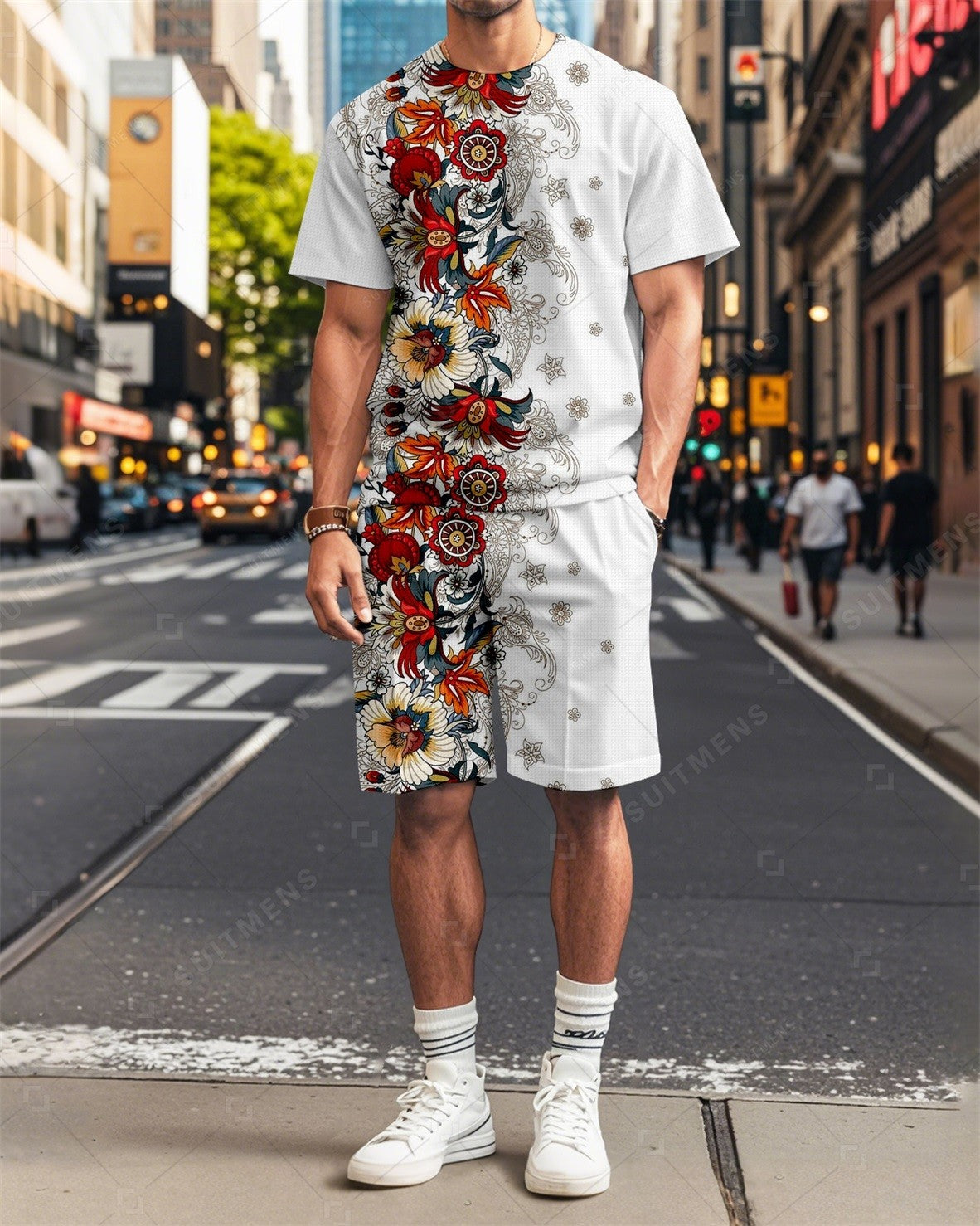 Men's Vintage Floral Printed Casual Summer Round Neck Set 2002