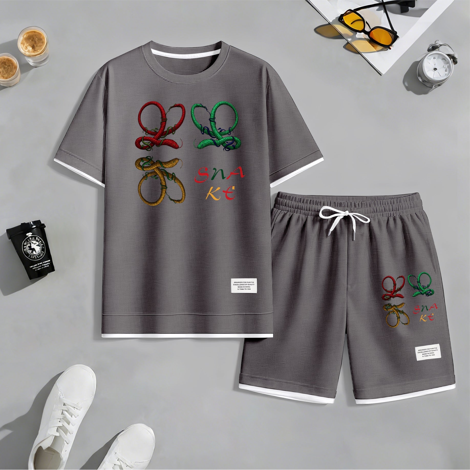 Men's Colorful Snake Shaped Letter Graphic Print Waffle Short Sleeve T-Shirt & Shorts Set, Summer Lightweight Casual Sporty Two-Piece Outfit, Streetwear for Gym & Daily Wear