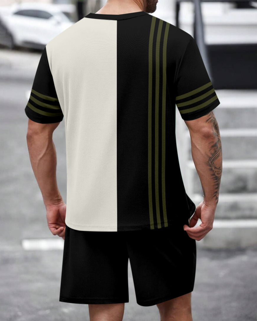 Men's Summer Colorblock Printed Round Neck Set 472