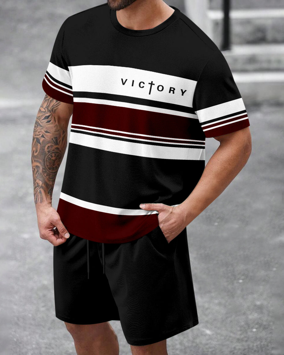 Men's Summer Colorblock Printed Round Neck Set 469