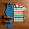 Men's Casual Blue & Orange & White Color Matching Striped Art Printed Short Sleeved Polo Shirt & Trousers Two-Piece Set