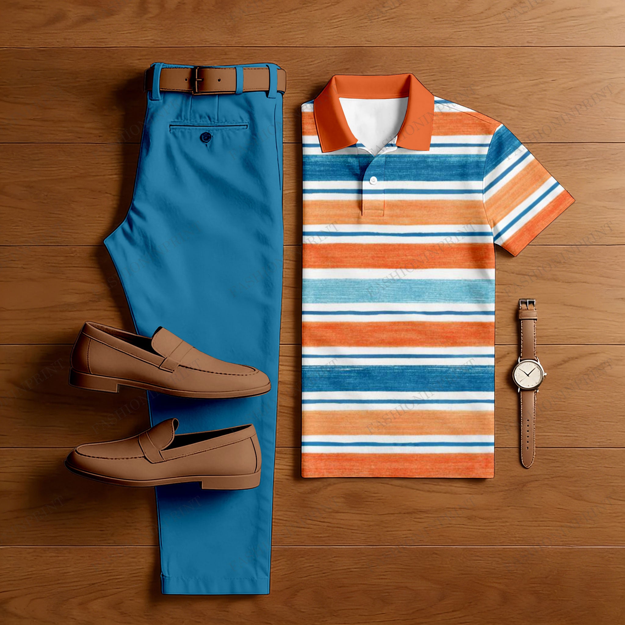 Men's Casual Blue & Orange & White Color Matching Striped Art Printed Short Sleeved Polo Shirt & Trousers Two-Piece Set