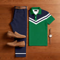 Men's Casual Color Matching Printed Polo-Collar Short Sleeved Trousers Two-Piece Set
