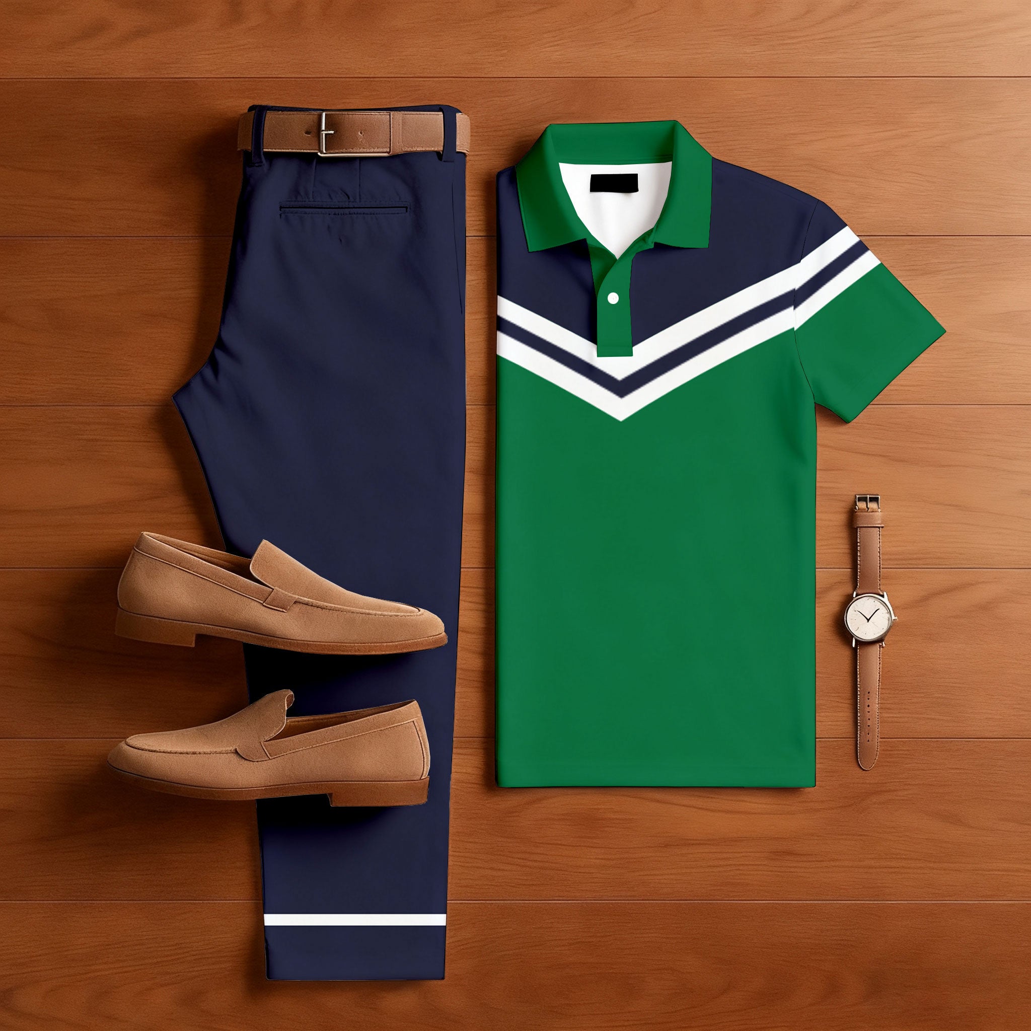 Men's Casual Color Matching Printed Polo-Collar Short Sleeved Trousers Two-Piece Set