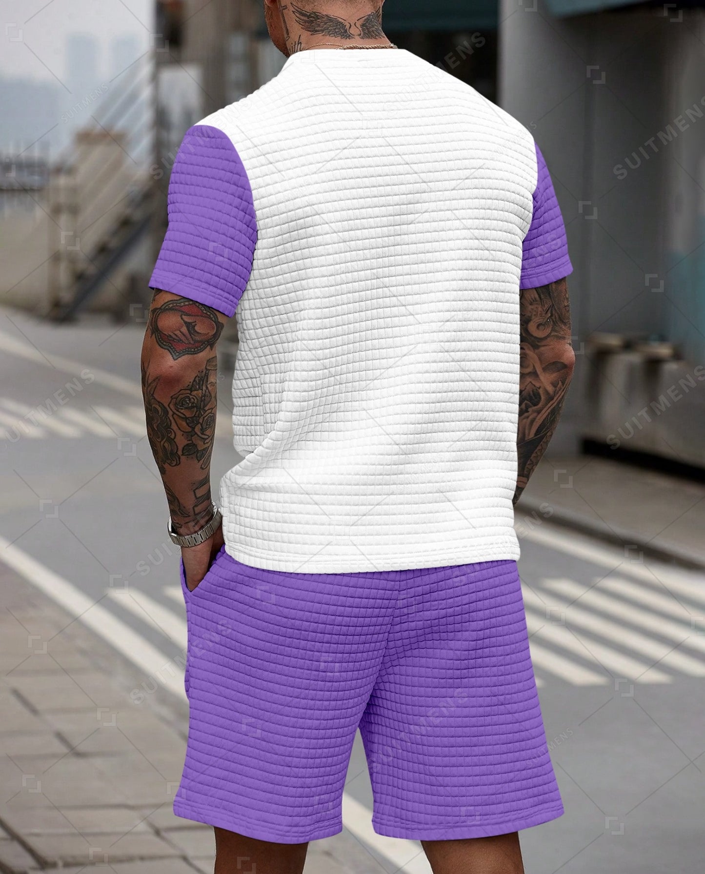 Men's Casual Waffle Textured Summer Round Neck Short Sleeve Shorts Set 0014