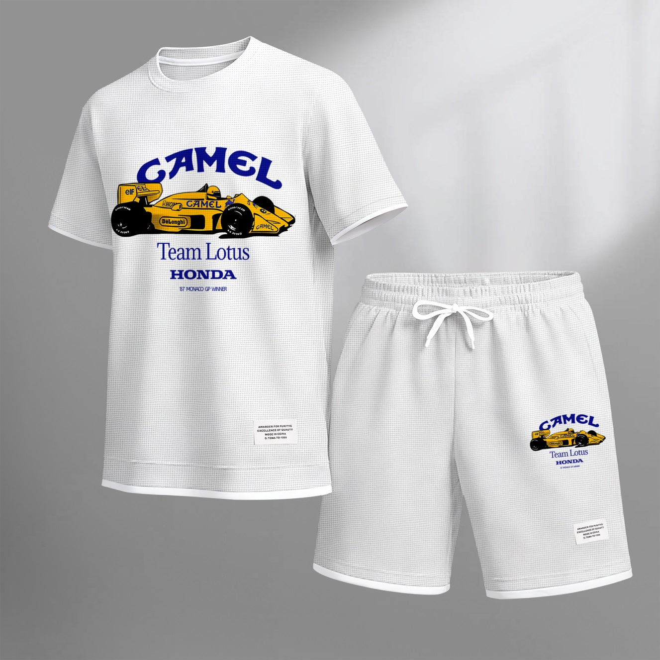 Men's Classic Racing Print Waffle Fabric Short-Sleeved Shirt And Shorts Set