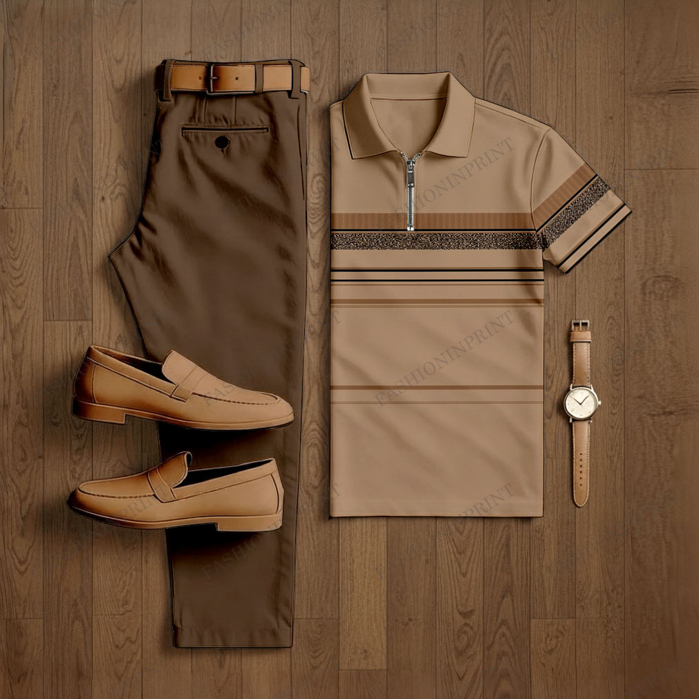Men's Casual Red Brown Color Matching Striped Printed Short Sleeved Polo Shirt & Trousers Two-Piece Set