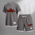 Men's Red Graffiti-Style Art Letter Print Fake Two-Piece Short Sleeve T-Shirt & Shorts Set, Summer Waffle Breathable Sporty Casual Two-Piece Outfit, Streetwear Gym Training Activewear