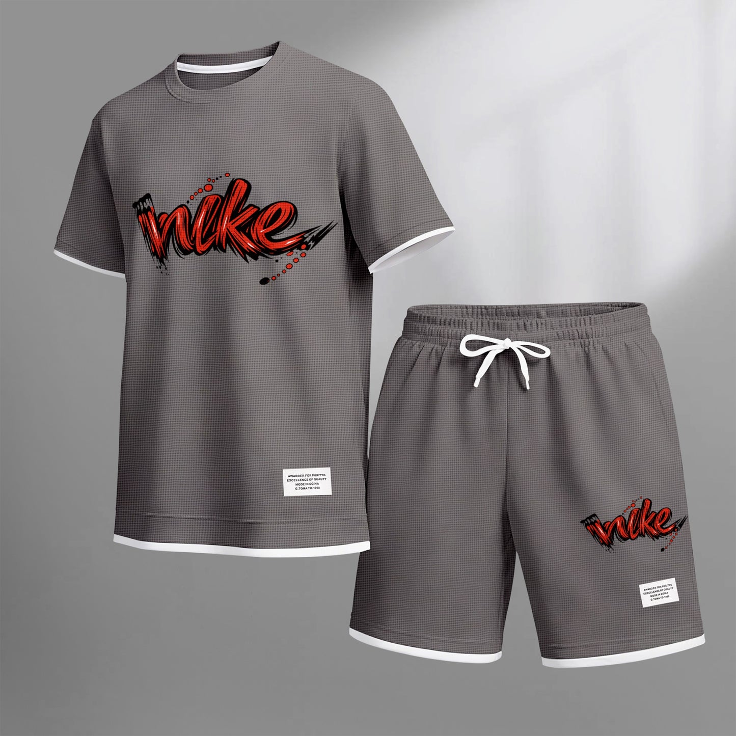 Men's Red Graffiti-Style Art Letter Print Fake Two-Piece Short Sleeve T-Shirt & Shorts Set, Summer Waffle Breathable Sporty Casual Two-Piece Outfit, Streetwear Gym Training Activewear