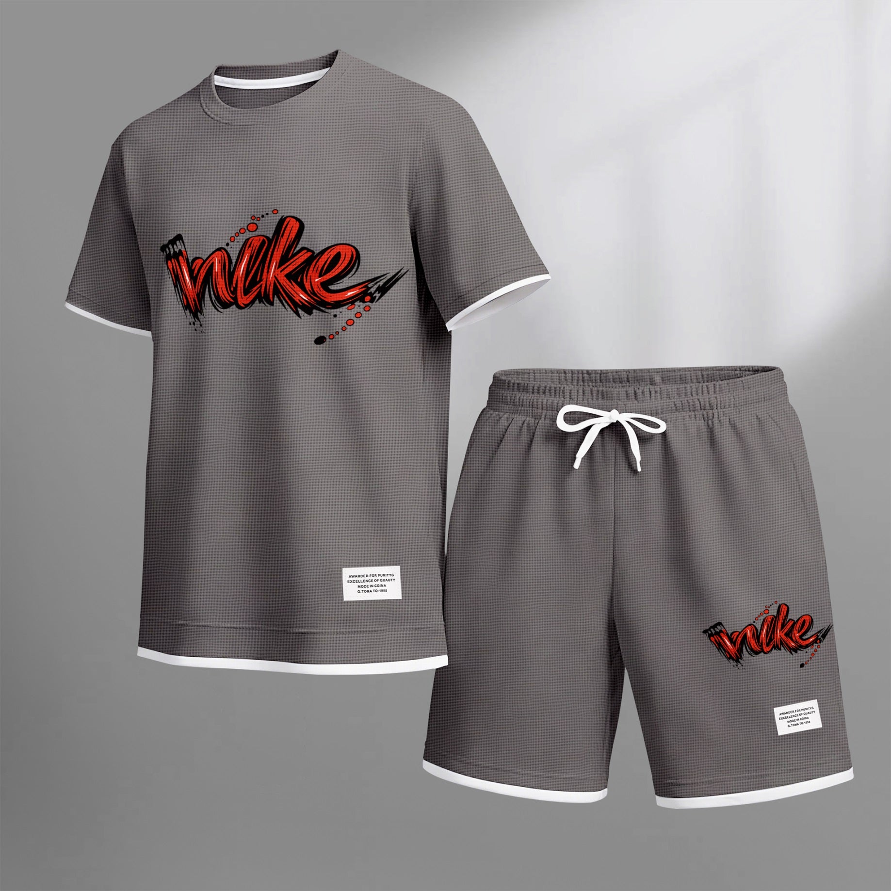 Men's Red Graffiti-Style Art Letter Print Fake Two-Piece Short Sleeve T-Shirt & Shorts Set, Summer Waffle Breathable Sporty Casual Two-Piece Outfit, Streetwear Gym Training Activewear