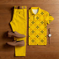 Men's Casual Yellow Color Matching Retro Flower Checkered Printed Short Sleeved Polo Shirt & Trousers Two-Piece Set