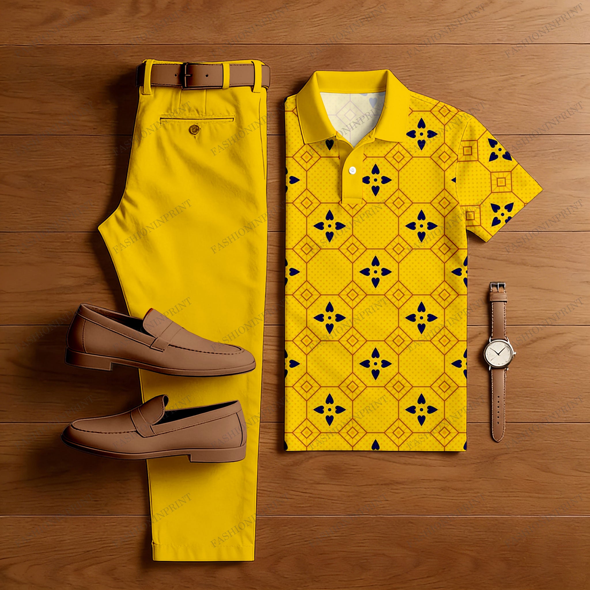 Men's Casual Yellow Color Matching Retro Flower Checkered Printed Short Sleeved Polo Shirt & Trousers Two-Piece Set
