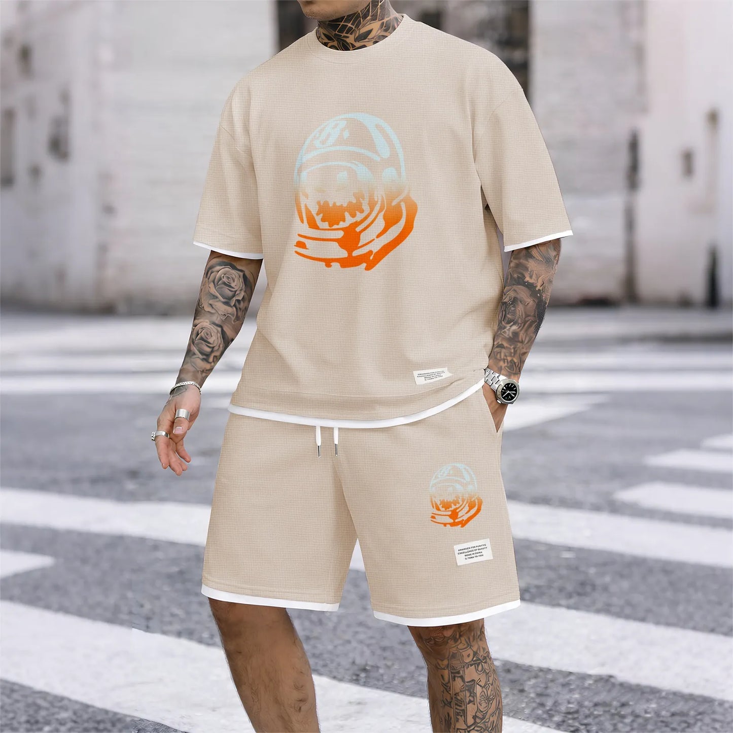 Men's Football Boy print drawstring shorts set for spring/summer, a casual summer outfit including a short-sleeved shirt and shorts, suitable for everyday wear and sports. A two-piece set for a relaxed and energetic lifestyle.