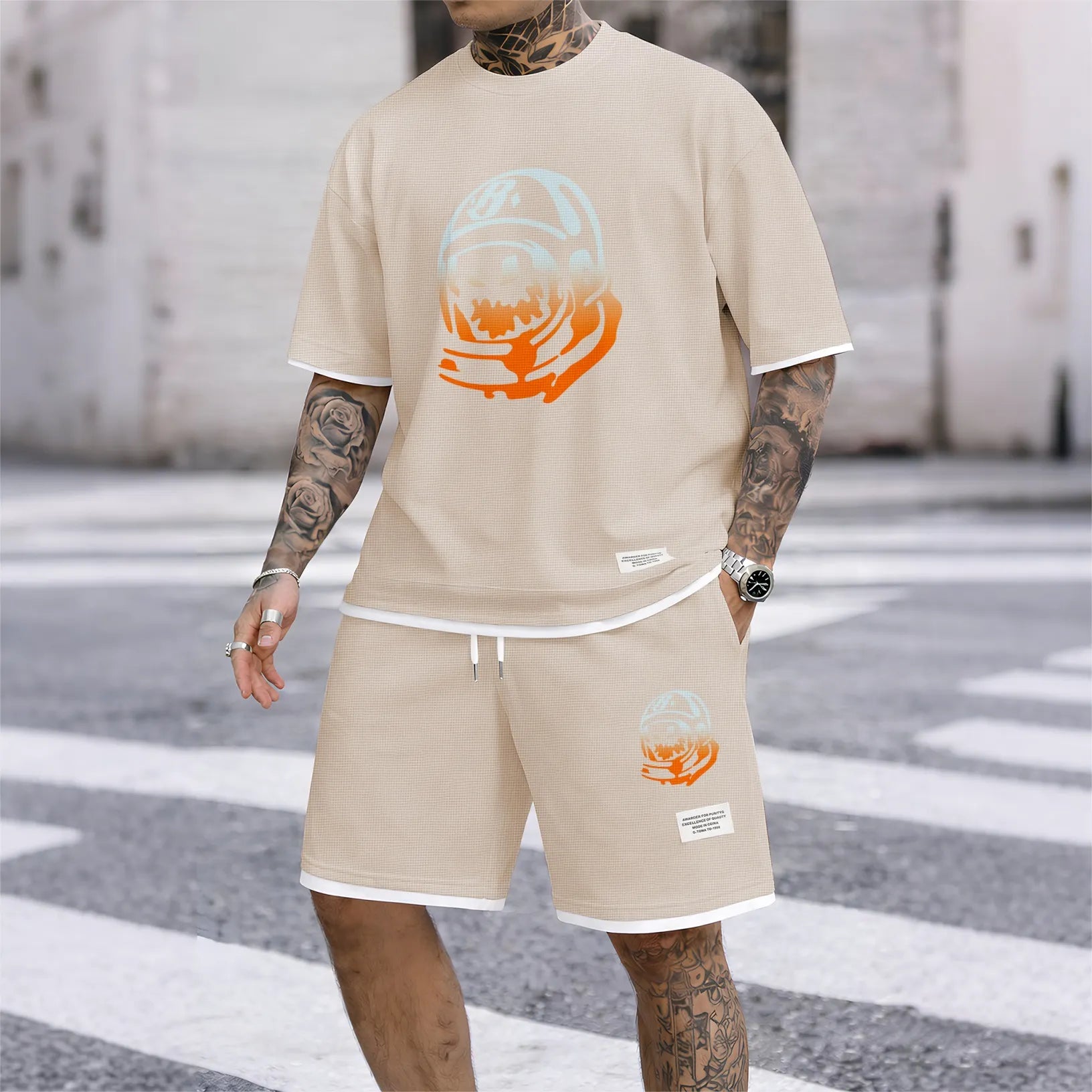 Men's Football Boy print drawstring shorts set for spring/summer, a casual summer outfit including a short-sleeved shirt and shorts, suitable for everyday wear and sports. A two-piece set for a relaxed and energetic lifestyle.