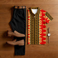 Men's Casual Black & Red Color Matching Baroque Style Printed Short Sleeved Polo Shirt & Trousers Two-Piece Set