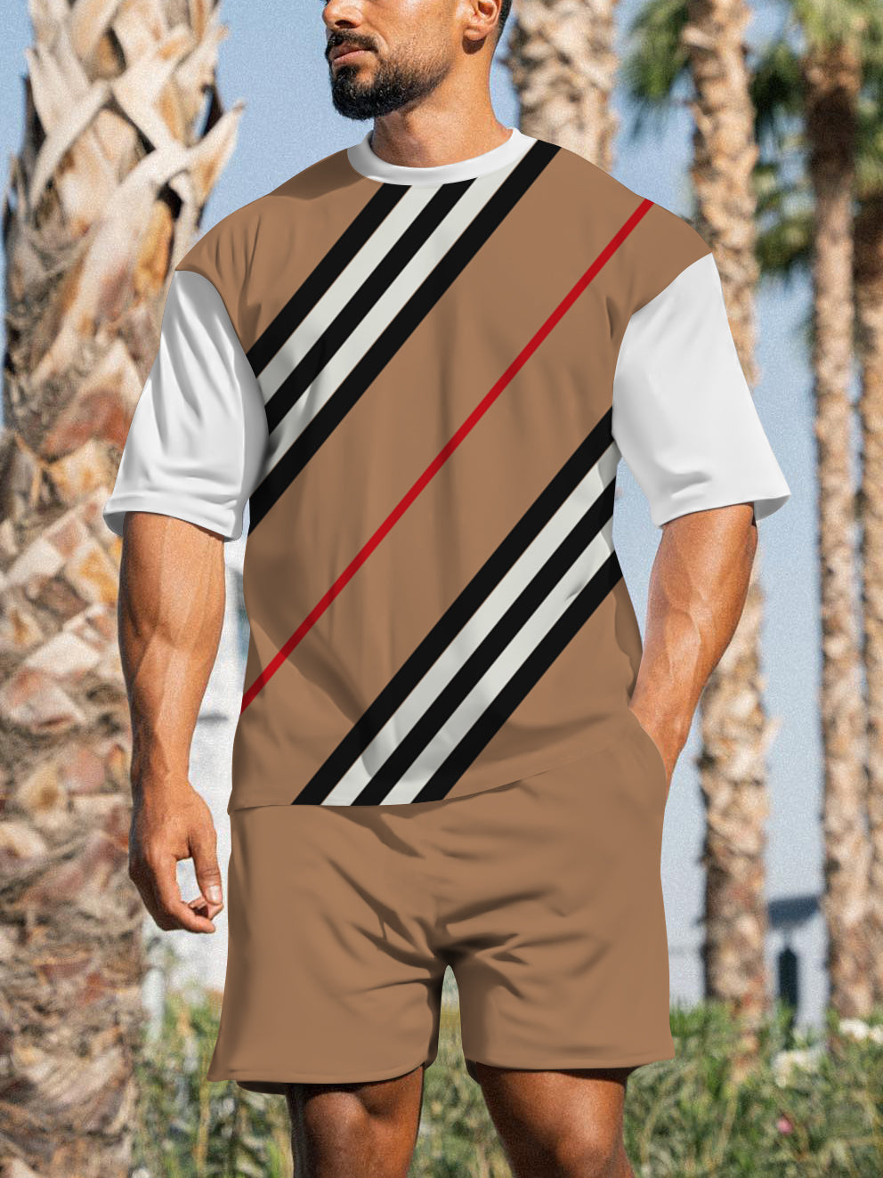 Men's Casual Sports Street Simple Color Block Printed Shorts Suit 009