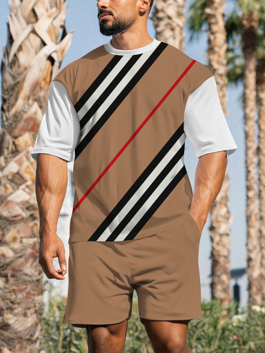Men's Casual Sports Street Simple Color Block Printed Shorts Suit 009
